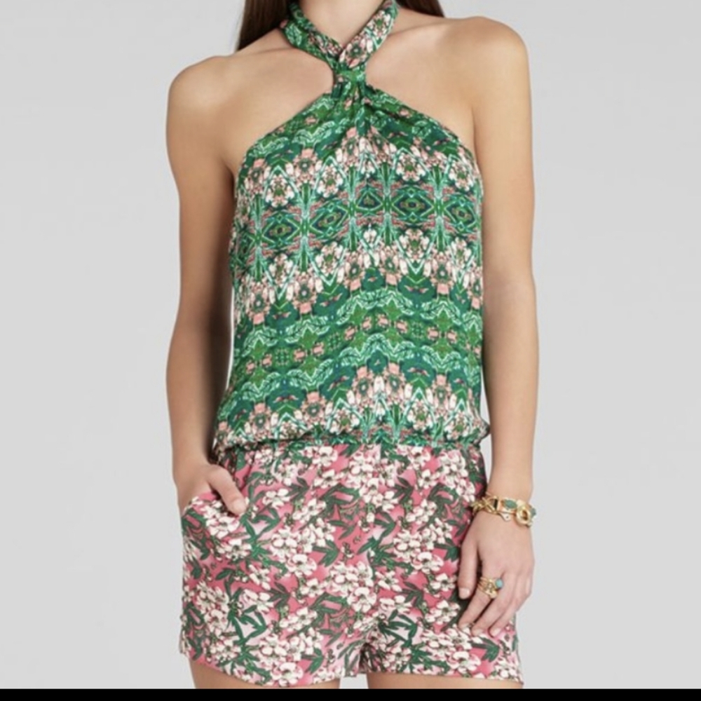 BCBG maxazria floral halter top silky romper size L
